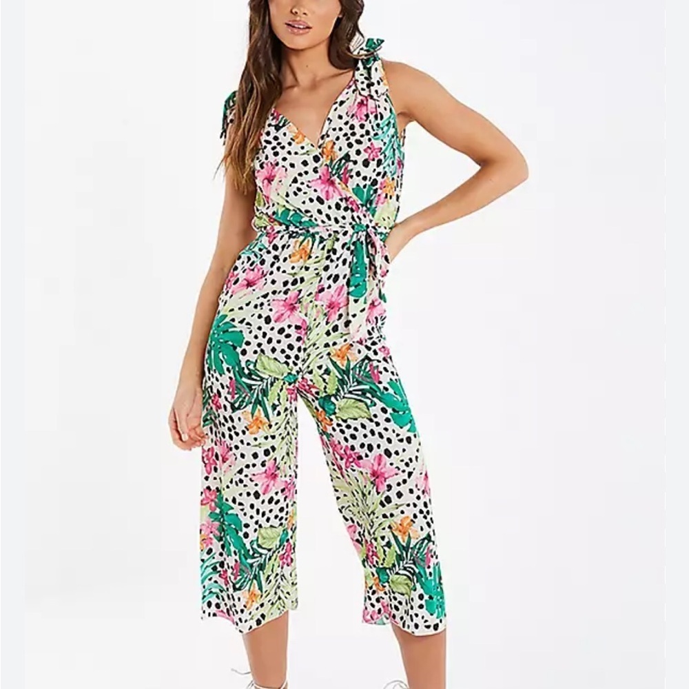 QUIZ Multicolor Animal Print Floral Tropical Faux Wrap Jumpsuit